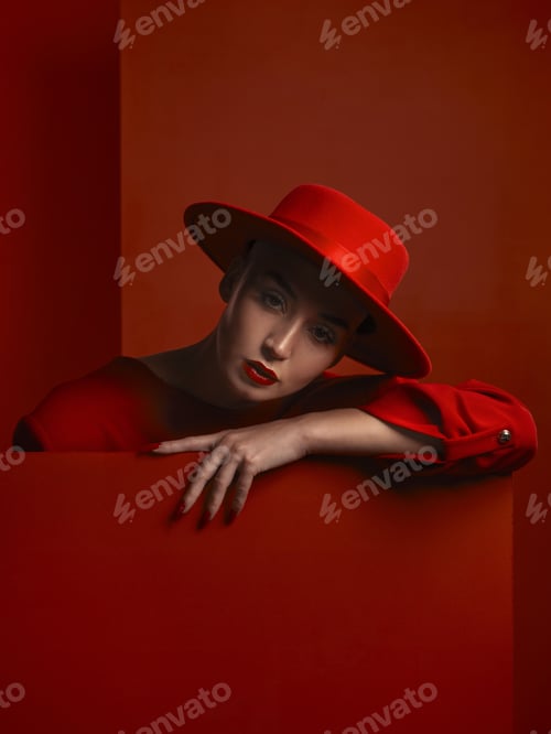 Preview: Fashion, portrait and a vintage woman on a red background for a sexy or creative aesthetic. Retro,
