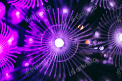Preview: Neon violet blue abstract background of blue bokeh defocused blurred circles.