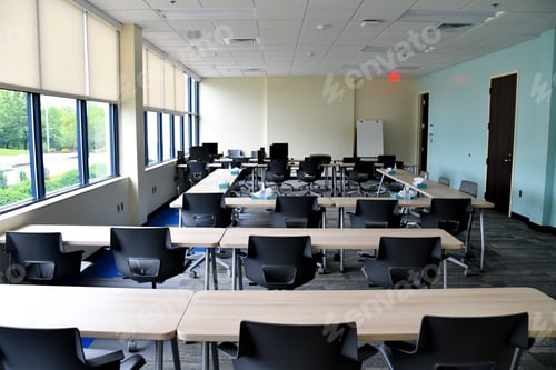 Preview: Bright, clean, modern training room at work in an office building for new employee orientation