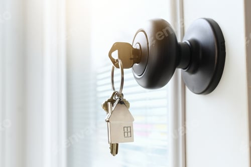 Preview: Key ring with a house on it inserted in a front door of a home to unlock a secure entrance.
