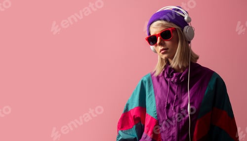 Vista previa: woman in 90s clothes with sunglasses and headphones