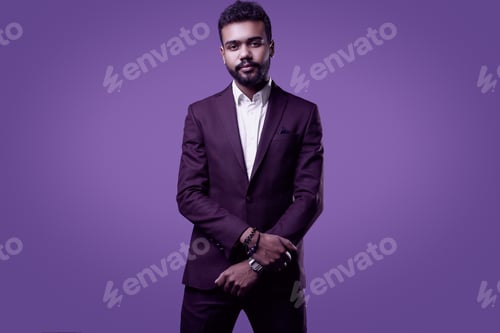 Preview: Portrait Of Cheerful Brutal Young African American Male Model In Formal Fashion Suit Isolated On