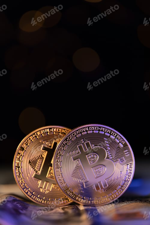 Preview: Golden coin with bitcoin symbol and dollar banknote