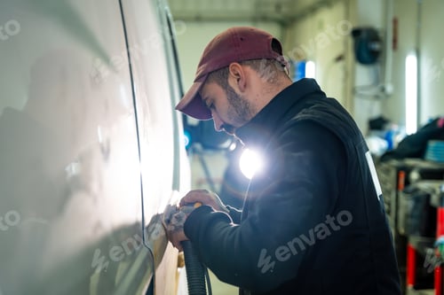 Preview: Auto body technician sanding vehicle for refurbishment work