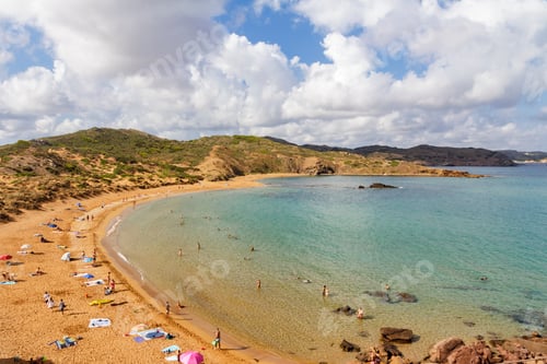Preview: Amazing beach between hills with red sand and emerald sea, island, Menorca, turquoise water, summer