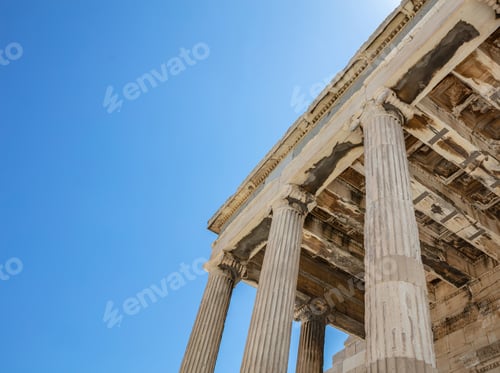 Preview: Athens, Greece. Erechtheion Temple of Athena on Acropolis hill, blue sky background