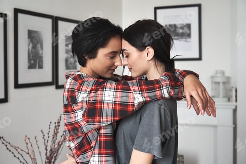 Preview: Lesbian couple in love hugging getting closer to kiss standing at home.