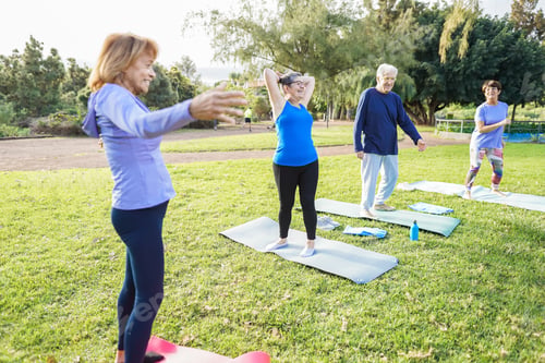 Preview: Happy mature people doing sport class at city park outdoor - Joyful elderly and healthy lifestyle