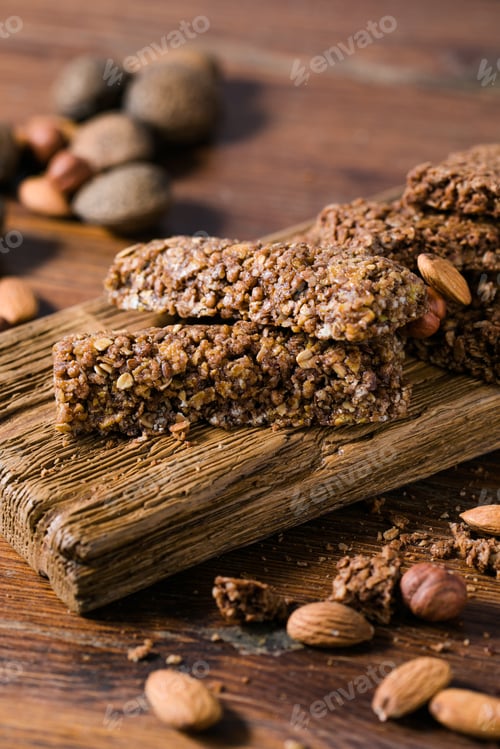 Preview: healthy granola bars (muesli or cereal bars). Set of energy, sport, breakfast and protein bars.