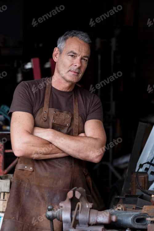 Preview: Portrait of male barista with short grey hair, wearing brown apron, arms folded, looking at camera.