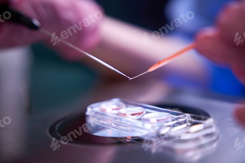 Preview: Doctor precisely adjusting cell cultures with a fine tool
