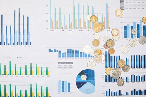 Preview: top view of papers with graphs and coins on table