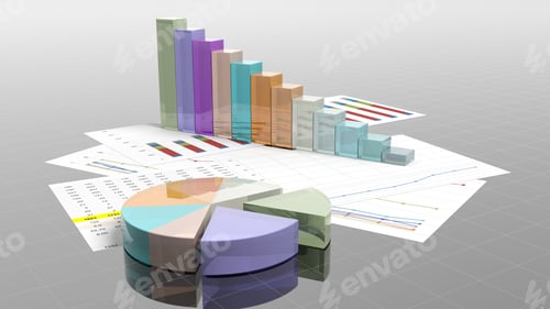 Preview: Colorful business pie and bar chart on documents closeup