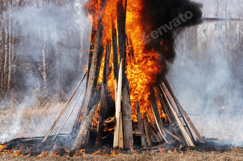 Preview: Bonfire of Wooden Boards and Car Tires, Flame of Red Fire, Curling Black Smoke