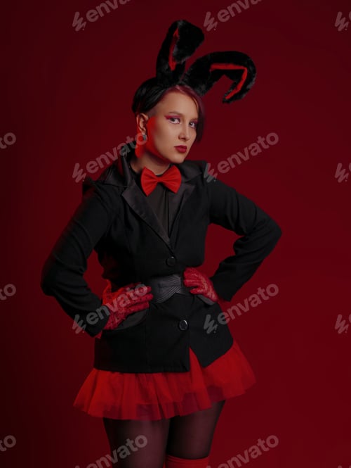 Preview: Woman donning bunny ears, a black suit, and a red bow tie on her neck on a red background