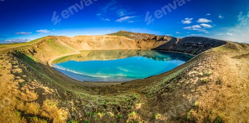 Preview: Panorama of blue lake in the crater of a volcano in Iceland