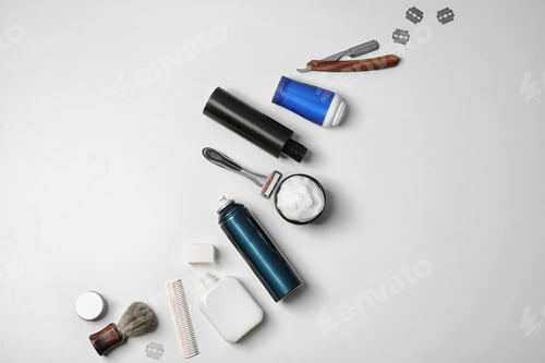 Preview: Flat lay composition with shaving accessories for men on white background