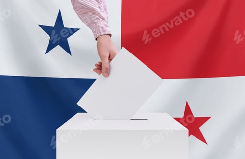 Preview: Elections, Panama. Voting concept. A hand throws a ballot into the ballot box. Panama flag