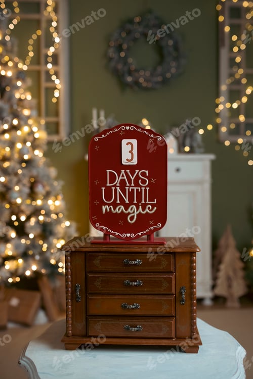 Preview: 3 Days until Christmas, red countdown board surrounded by winter seasonal decoration
