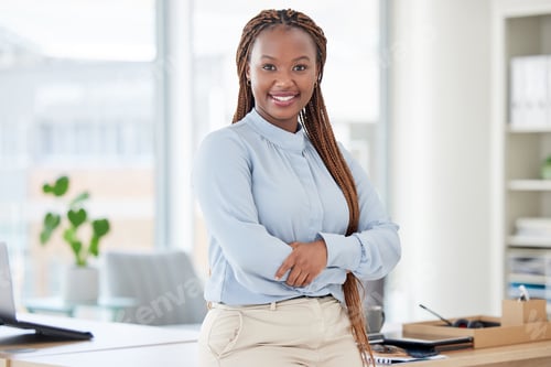 Preview: Smile, crossed arms and professional black woman at office with positive, good and confident attitu