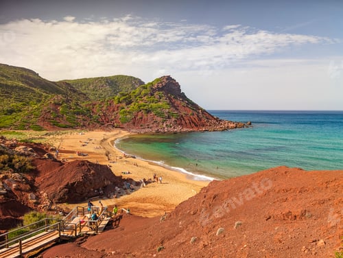Preview: Aerial drone view of Cala del Pilar beach scenery of Menorca, near Ferreries