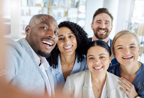 Preview: Happy, smile and selfie with business people in office for teamwork, support and diversity. Smile,