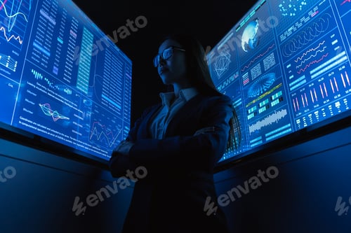 Preview: The businesswoman standing near the blue monitor.