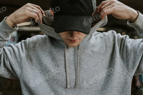 Preview: Man in gray hoodie with black cap