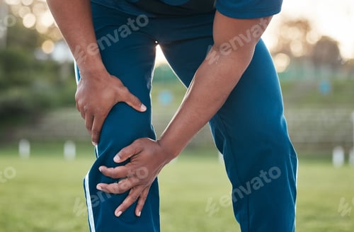 Preview: Sports, injury and person on field with knee pain for accident, emergency and joint ache for muscle
