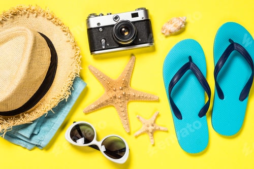 Preview: Summer travel concept flat lay image.