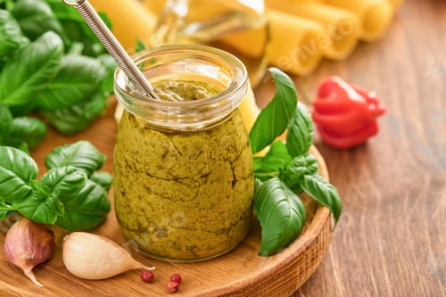 Preview: Jar with homemade pesto sauce on rustic background with parmesan cheese, olive oil, sause pesto, bas