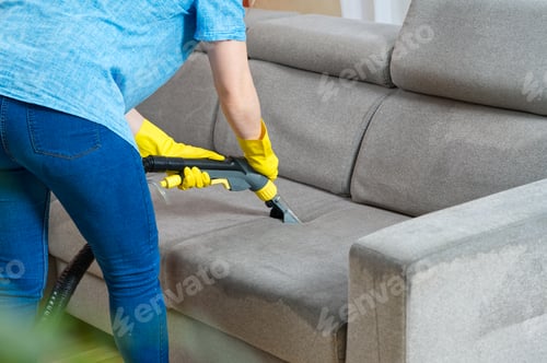 Preview: Sofa chemical cleaning with professionally extraction method. Wet textile sofa cleaning