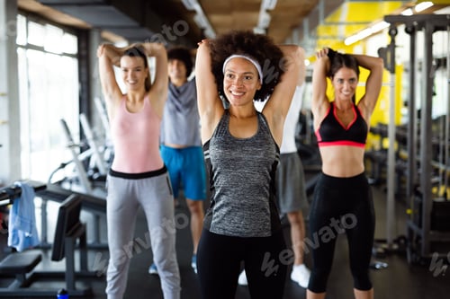 Preview: Group of young fit people, friends doing exercises in gym to stay healthy. Sport, people concept.