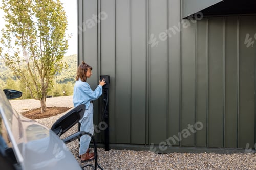 Preview: Woman charging electric car with charging station at home