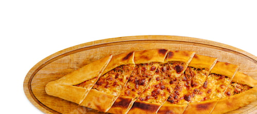 Preview: Delicious Turkish pide served on a wooden platter with melted cheese