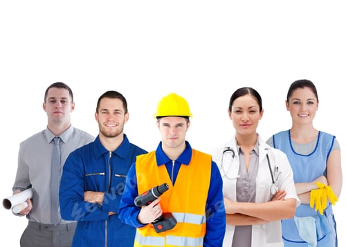 Preview: Group Of People With Different Jobs Standing Arms Folded In Line On White Background