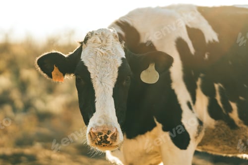 Preview: injured cow separated from the rest looking into the camera