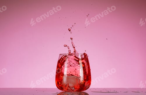 Preview: Glass of a red splashing alcoholic drink on a pink background