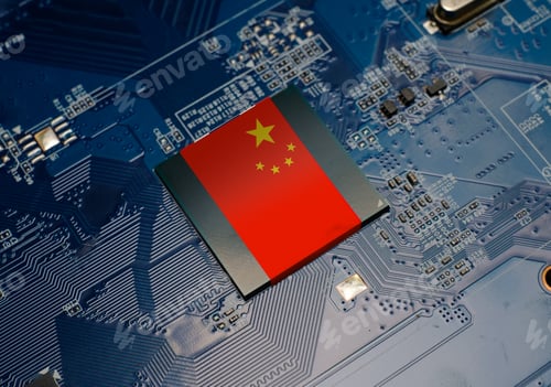 Preview: Flag of China on CPU operating chipset computer electronic circuit board