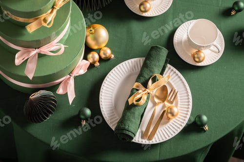 Preview: Unique green table set for Christmas with Christmas decorations.