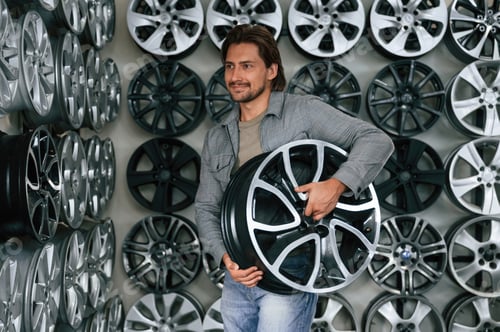 Preview: Silver colored disks, many of them. Man is in the tire fitting car service