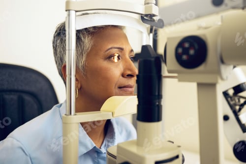 Preview: Senior woman, eye exam with vision and laser machine, health and vision with optometry and wellness