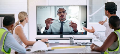 Preview: Construction teamwork, webinar video conference call and engineer workshop with manager, boardroom