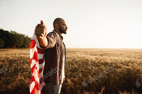 Preview: African american young man holding USA national flag through wheat field