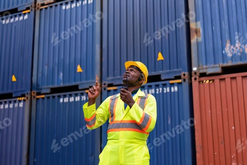 Preview: Worker in container storage yard check quantity radio walkie talkie to team prepare to delivery