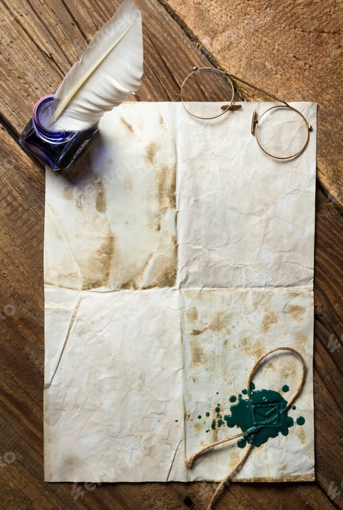 Preview: Blue ink, feather on old vintage letter with green sealing wax