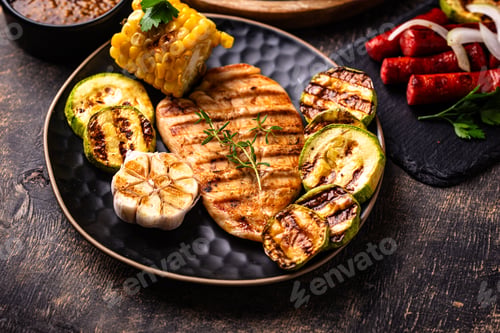 Preview: Assortment of grilled bbq meat and vegetables