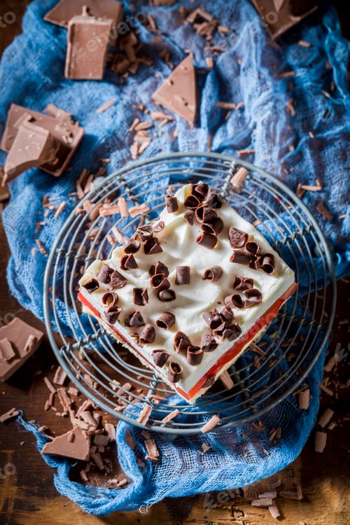Preview: Homemade cake with jelly, chocolate chips and fruits