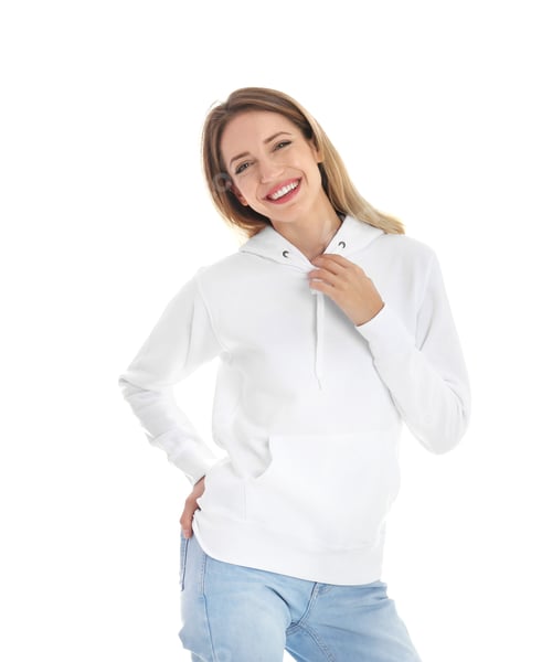 Preview: Portrait of woman in hoodie sweater on white background. Space for design
