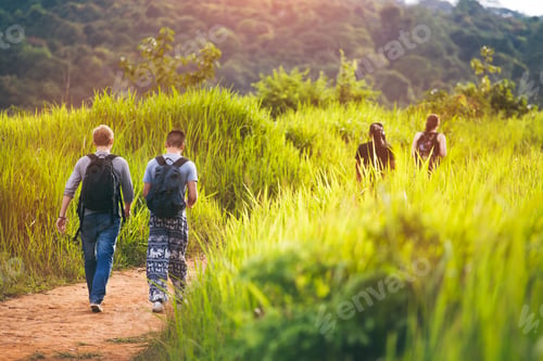 Preview: Group of friends walking with backpacks . Adventure, travel, tourism, hike
